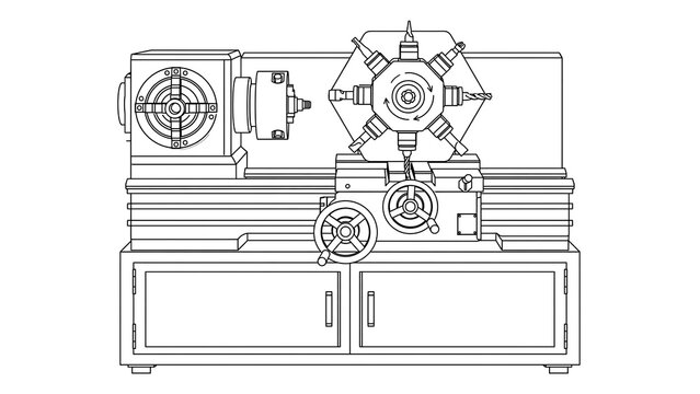 Industrial lathe machine technical drawing white background.