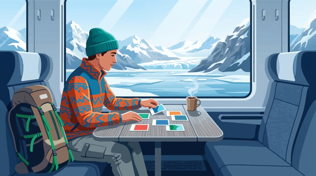 Vector illustration of a male traveler sitting in a train cabin by a large window, sorting photos on a table with a snowy mountain fjord landscape and icy water in the background.