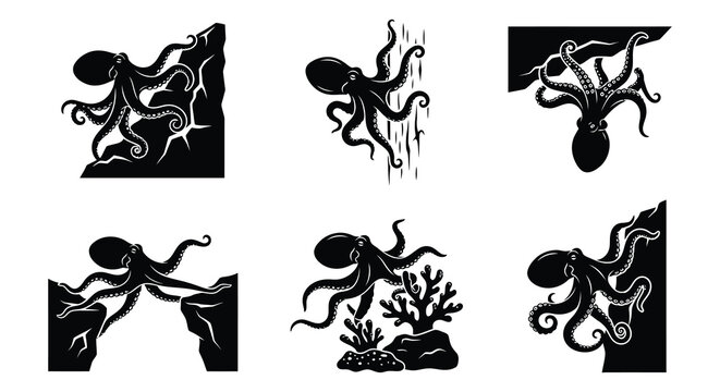 Black octopus silhouettes arranged in a collection of vector illustrations