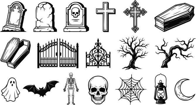 Set of hand drawn halloween icons featuring tombstones coffins skulls ghosts and spooky trees for holiday design projects