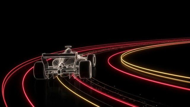 漆黒のサイバー空間でコーナーをドリフトするワイヤーフレームのフォーミュラカーの抽象的な3DCG背景