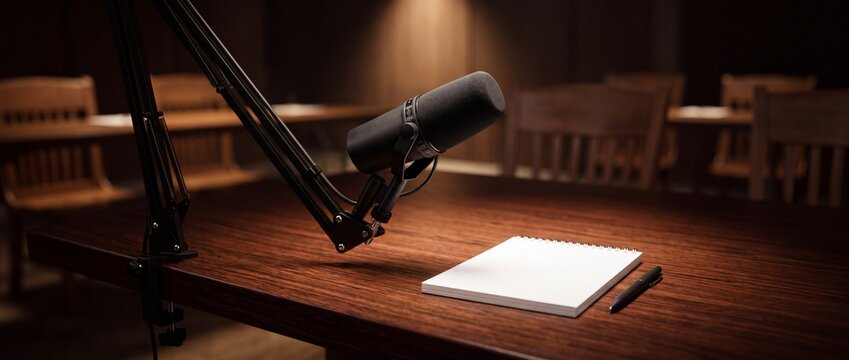 Professional podcast setup with black microphone and notebook on dark wooden table in dimly lit studio for recording audio broadcasts
