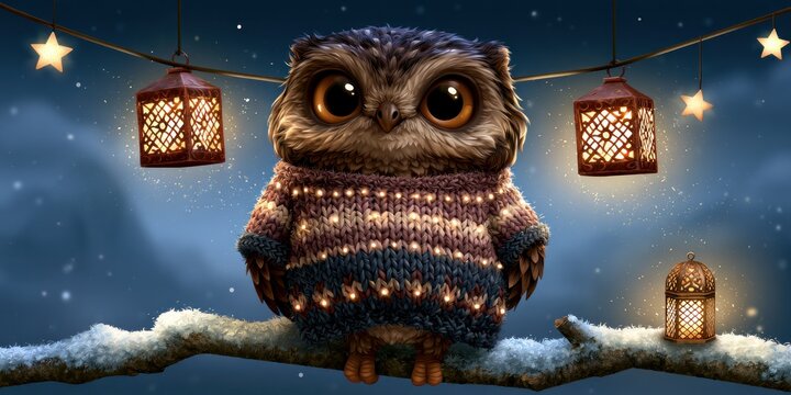 Cozy Christmas Owl Wearing Sweater Under Glowing Lanterns