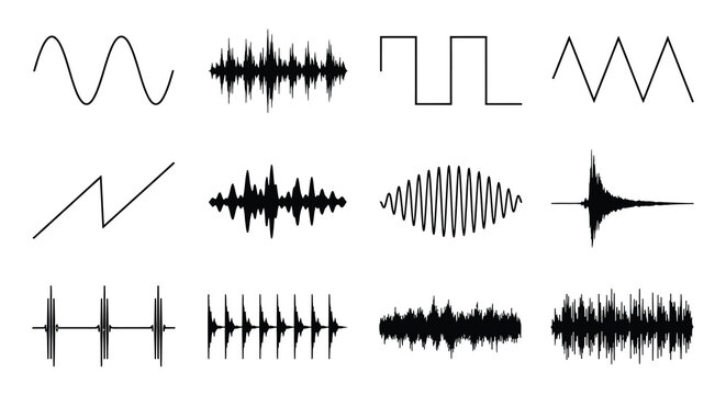 Waveforms and signal patterns displayed as a vector graphic collection