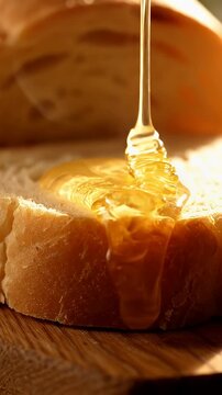 Honey dripping onto fresh bread slice.