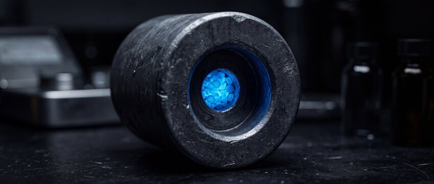 Industrial nuclear material container glows with bright blue Cherenkov radiation representing advanced energy storage and scientific research