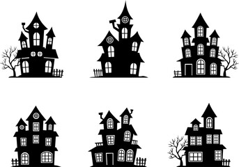 Fototapeta premium Haunted abandoned house castle silhouettes set with spooky trees. Design element for logo label emblem sign. Vector illustration. Ideal for Halloween party decor.