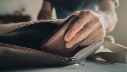 Fototapeta premium Close-up of a hand reaching into an open shoulder bag and grabbing a brown wallet.