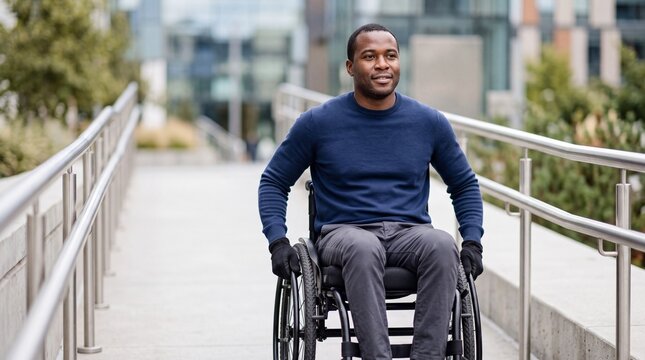 Active african american man navigating wheelchair along outdoor ramp. Independent commuter enjoying urban accessibility near contemporary business center.
