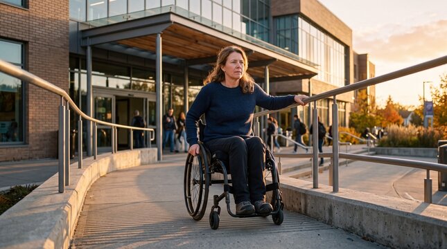 Caucasian woman riding wheelchair down accessible ramp outside building. Independent female utilizing public accessibility infrastructure with handrail outdoors.