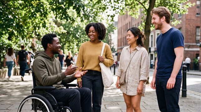 Diverse friends talking and laughing on a city street sidewalk with a man sitting in wheelchair. Multicultural companions enjoying urban walk promoting social inclusion and accessibility.