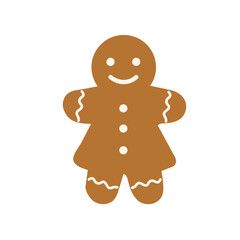 Fototapeta premium Classic gingerbread man cookie vector illustration. Flat cartoon Christmas sweet biscuit with white icing, holiday bakery treat isolated design element