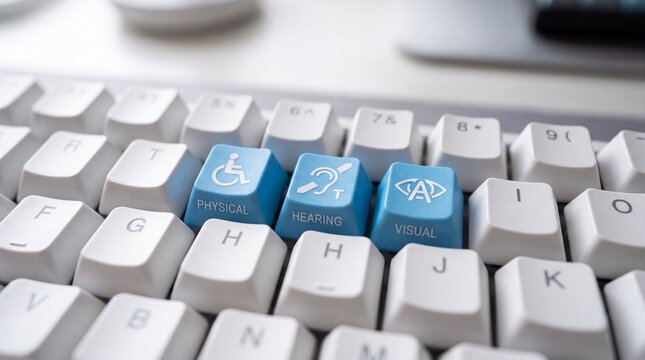 White computer keyboard with blue keycaps showing disability symbols, representing web accessibility, inclusive user interface design and assistive technology for impaired people.