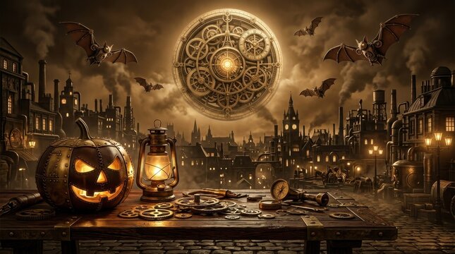 Halloween steampunk scene showing mechanical pumpkin with lantern on wooden table under clockwork moon and flying bats over city skyline.