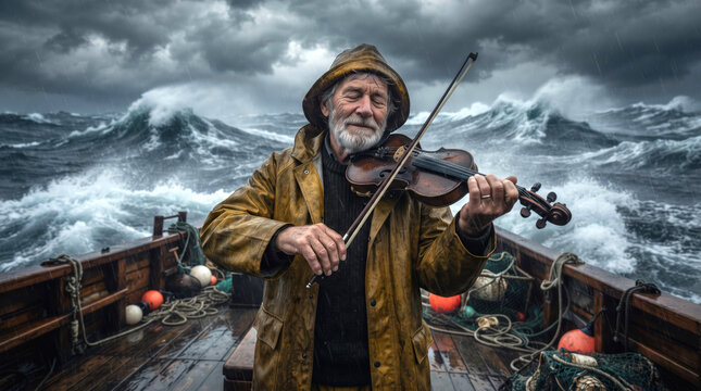 Senior Fisherman Playing Violin on Wooden Boat in Stormy Ocean