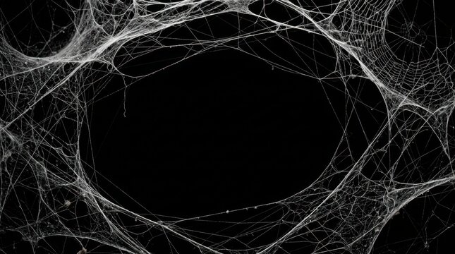 Halloween background Spider web with water droplets forming oval frame on black background with empty center space.
