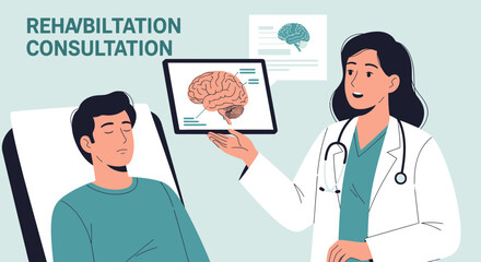 Fototapeta premium Doctor Consulting Patient About Brain Rehabilitation on Tablet