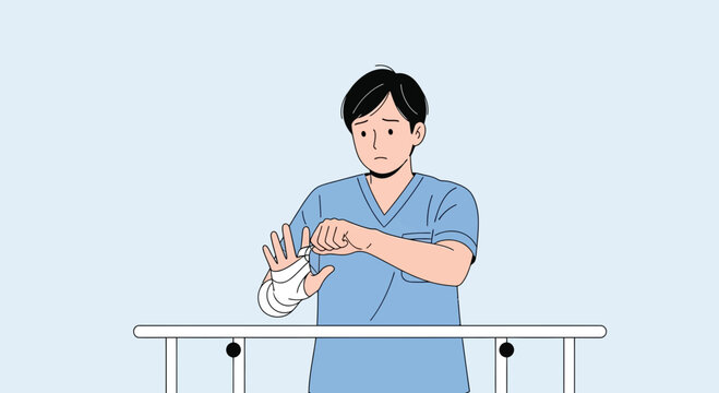 Doctor bandaging injured hand, isolated illustration, medical care concept