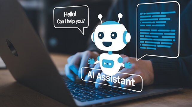 AI assistant concept with a cute robot icon on a laptop keyboard, offering help. The robot has speech bubbles with text Hello! Can I help you? and code snippets.