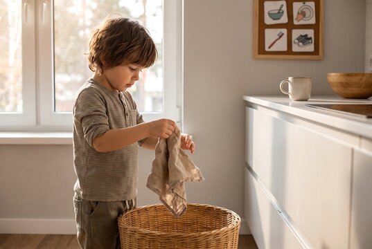 Young Child Putting Clothes Into Laundry Basket Independently