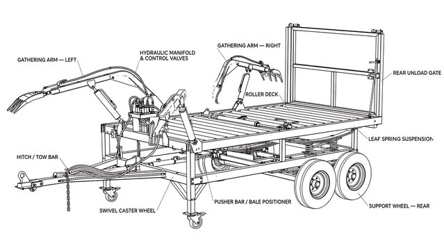 Industrial utility trailer technical diagram white background.