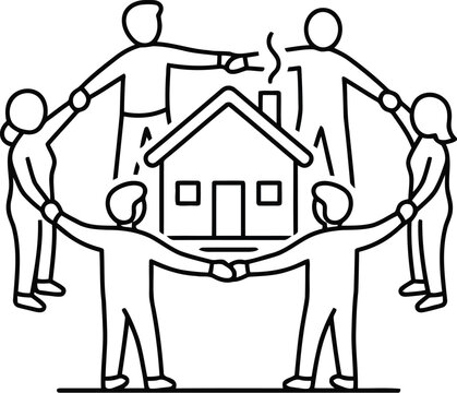 Group of people holding hands in a circle around a simple house icon representing family home community and unity