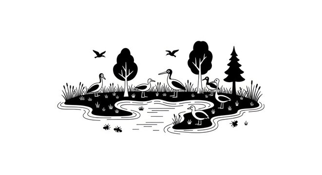 Black and white illustration landscape with birds.