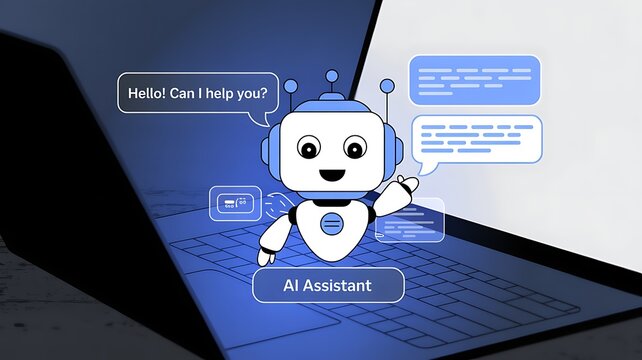 An illustration of an AI assistant on a laptop screen, ready to help with a friendly greeting