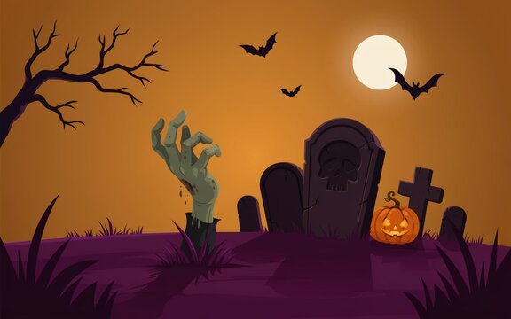 Spooky halloween graveyard scene featuring a zombie hand rising from the ground under a full moon night