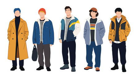 Obraz premium Group of five young stylish men wearing trendy autumn and winter outerwear, coats, jackets and casual outfits.