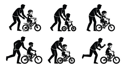 Fototapeta premium Father teaching child to ride bicycle black silhouette vector illustration