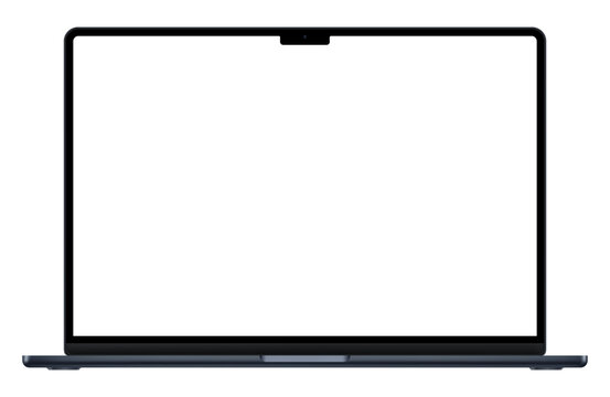 Realistic dark blue laptop empty screen frame overlay mockup. Mobile PC display template isolated on transparent bg. Device front view. Notebook display border for social media. Vector illustration