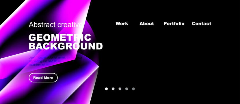 Modern website design features vibrant pink geometric shapes over black background. Text highlights work, about, portfolio, contact options.