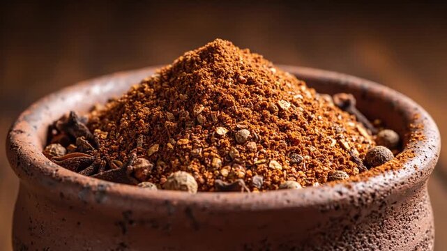 Macro of aromatic ground spice powder in a rustic clay bowl with star anise and cloves.