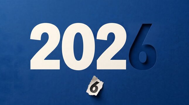 Large white 2026 numerals are embossed on a textured blue background, with the number six appearing as a torn paper element, symbolizing the passing of time and year end.
