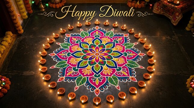 Beautiful rangoli design with lit diyas for diwali festival
