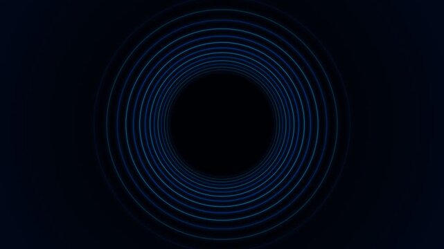 Abstract circular tunnel design with glowing blue neon rings on black background