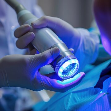 Dentist using a dental curing light during a dental procedure.