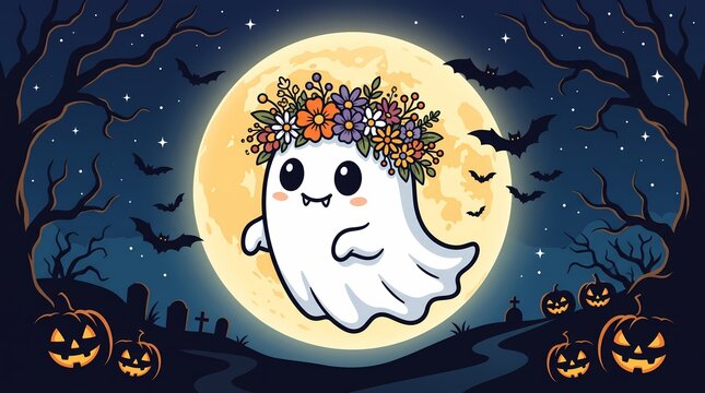 Cute Spooky Halloween Ghost with Colorful Flower Crown, Full Moon, Bats and Jack O Lanterns Cartoon Illustration