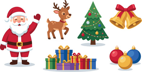 Fototapeta premium Cute Christmas Vector Set Featuring Waving Santa Claus, Reindeer, Decorated Christmas Tree, Jingle Bells, Gift Boxes, and Baubles