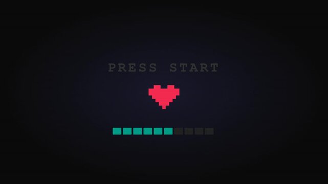 Retro Pixel Art Video Game Loading Screen with Pulsing Red Heart and Press Start Text Animation