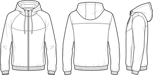 Zip up hooded jacket raglan sleeve fashion flat technical drawing template front back side views © MstMukchina
