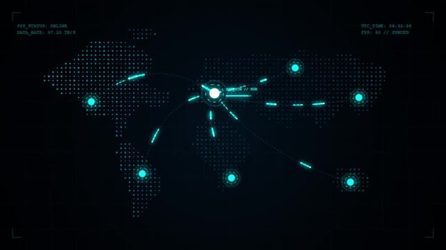 Digital world map with glowing connection lines and data nodes representing global network communication and cyber security technology