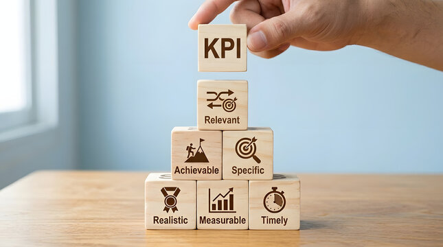 Hand placing kpi block atop goal setting pyramid of wooden cubes