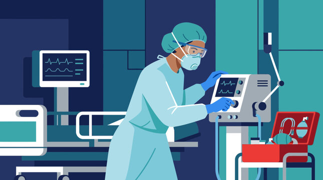 Doctor operating medical equipment in ICU, intensive care unit, healthcare