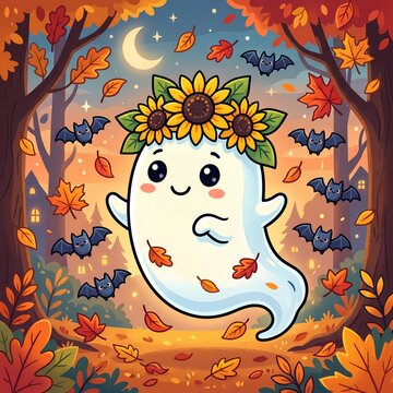 A whimsical ghost adorned with a sunflower crown celebrates Halloween amidst a vibrant autumn forest