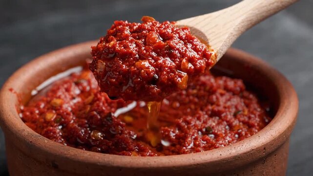 Wooden spoon scooping red spicy chili paste from a clay bowl close up