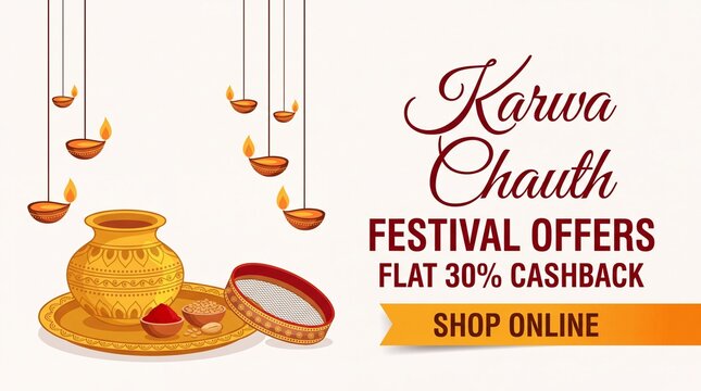 Creative vector illustration on sale poster or banner with decorated pooja thali for indian festival of karwa chauth celebration. festival for indian married ... See More
