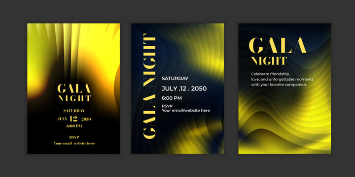 Elegant gala night invitation card template set with gold wave curves. Luxury smooth fluid lines for corporate event, VIP celebration, and formal party design.