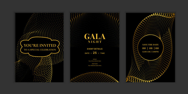 Luxury gala night invitation card template set with golden particle waves. Elegant black and gold design for corporate events, VIP celebrations, and formal party design.
